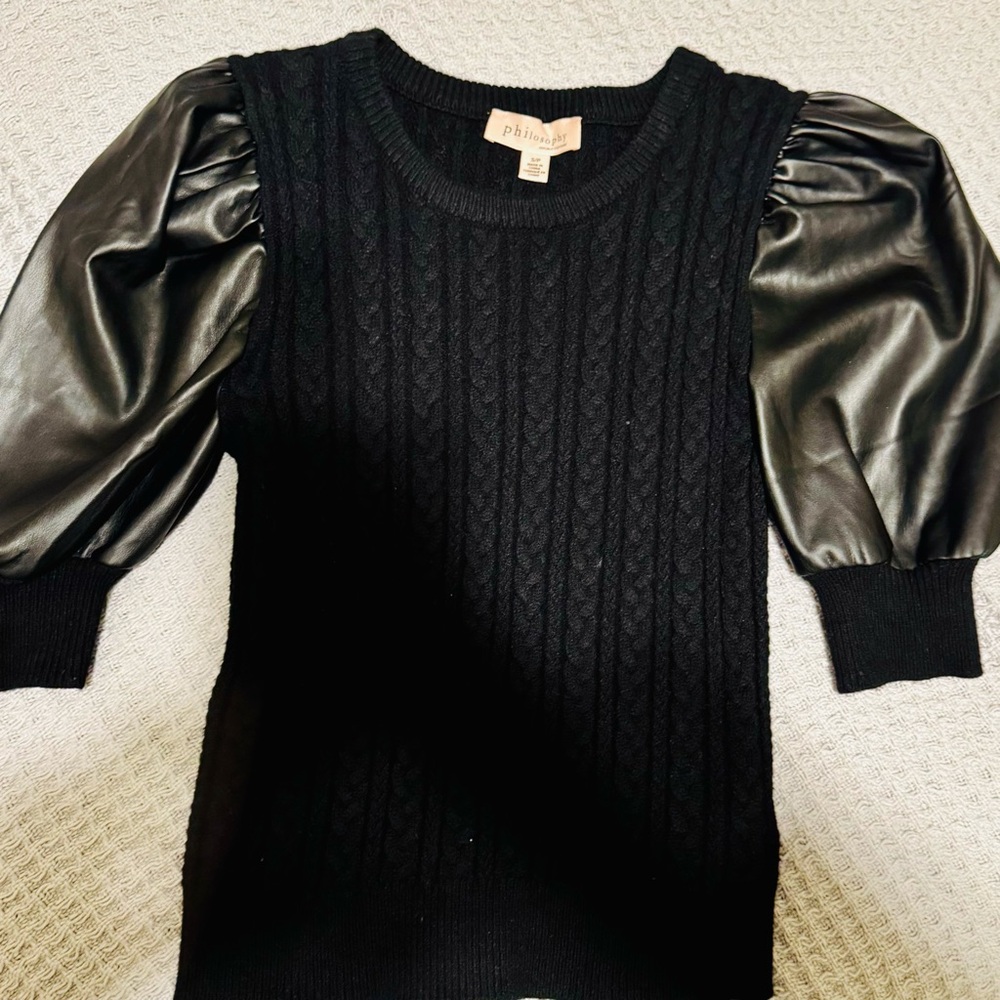 Philosophy sweater with faux leather sleeves.  Small - Excellent condition